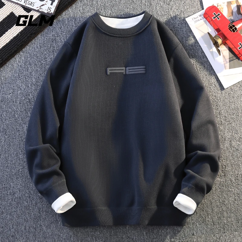 GLM一体绒圆领毛衣男秋冬季潮流青年纯色正肩休闲保暖套头打底衫