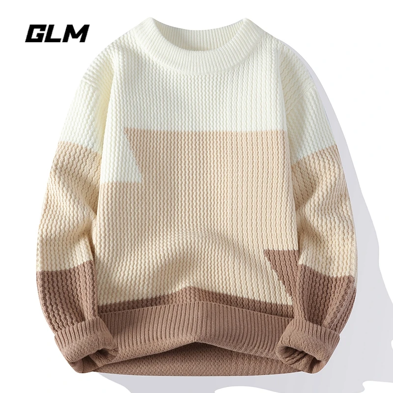 GLM圆领毛衣男秋冬季潮牌拼色长袖青年休闲保暖慵懒百搭针织衫
