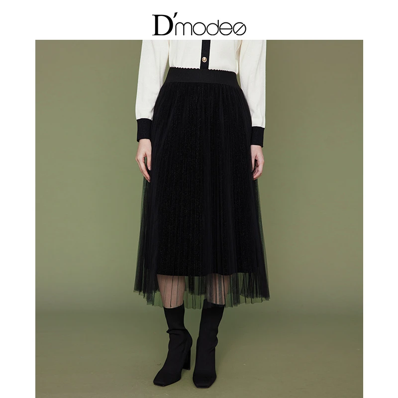 黛玛诗时尚休闲网纱半身裙女高腰显瘦金丝绒百褶裙女EC03005234