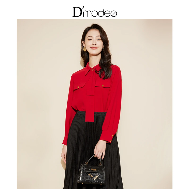 黛玛诗春秋新款气质通勤衬衫优雅简约干练百搭衬衣女红色