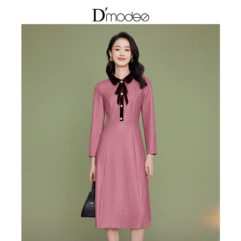 黛玛诗新款连衣裙优雅气质撞色小翻领格纹长裙女