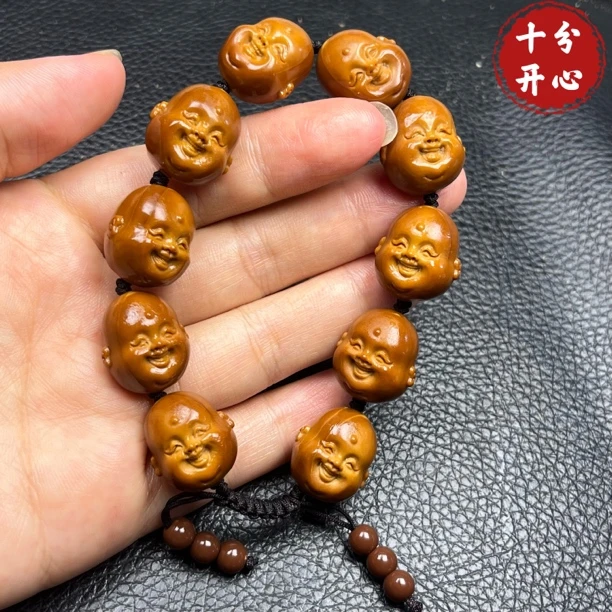 笑口常开十分开心梅林铁核老料鸡血红橄榄核雕文玩手串