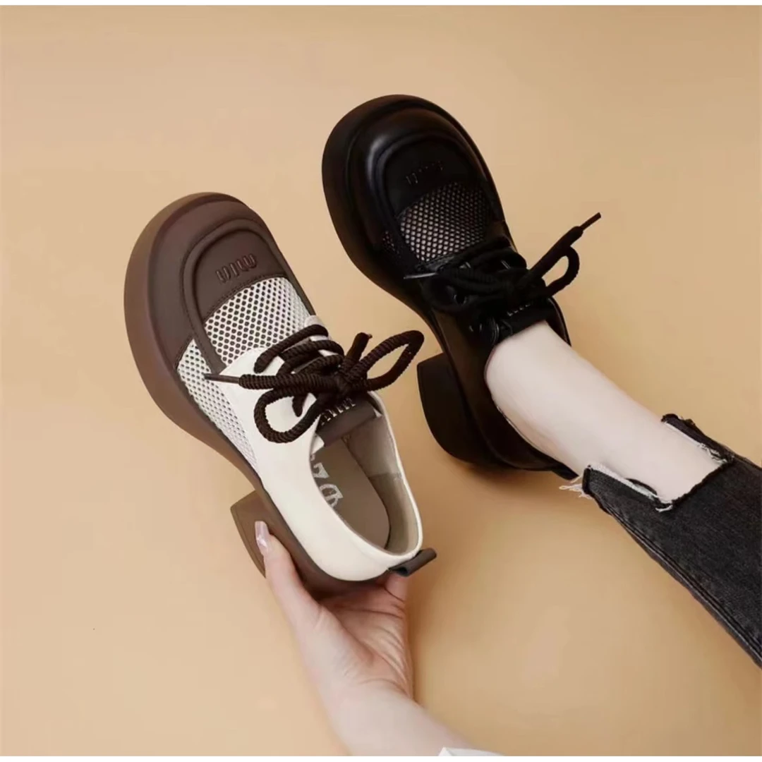 网纱乐福鞋女2024年新款春夏网面透气百搭粗跟薄款单鞋中跟小皮鞋