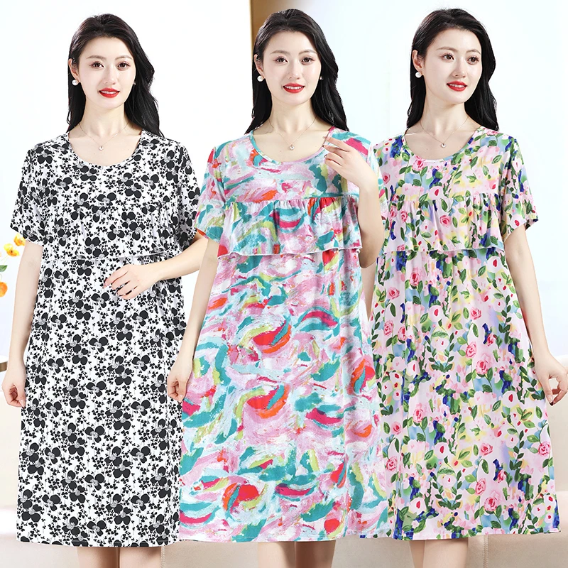 防凸点棉绸宽松女加肥加大收腰显瘦家居服女士气质碎花短袖长裙