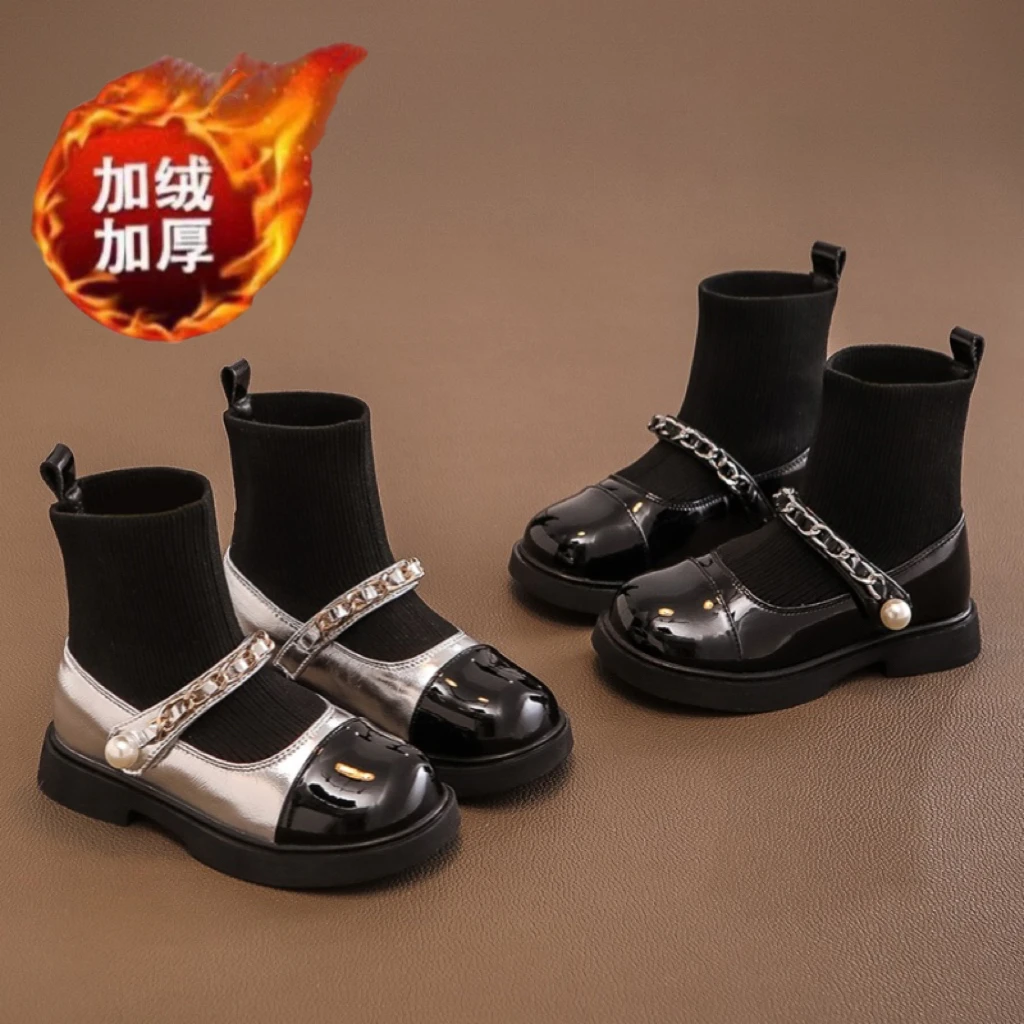 女童靴子2024秋冬新款儿童二棉加绒袜靴小香风公主皮靴洋气马丁靴