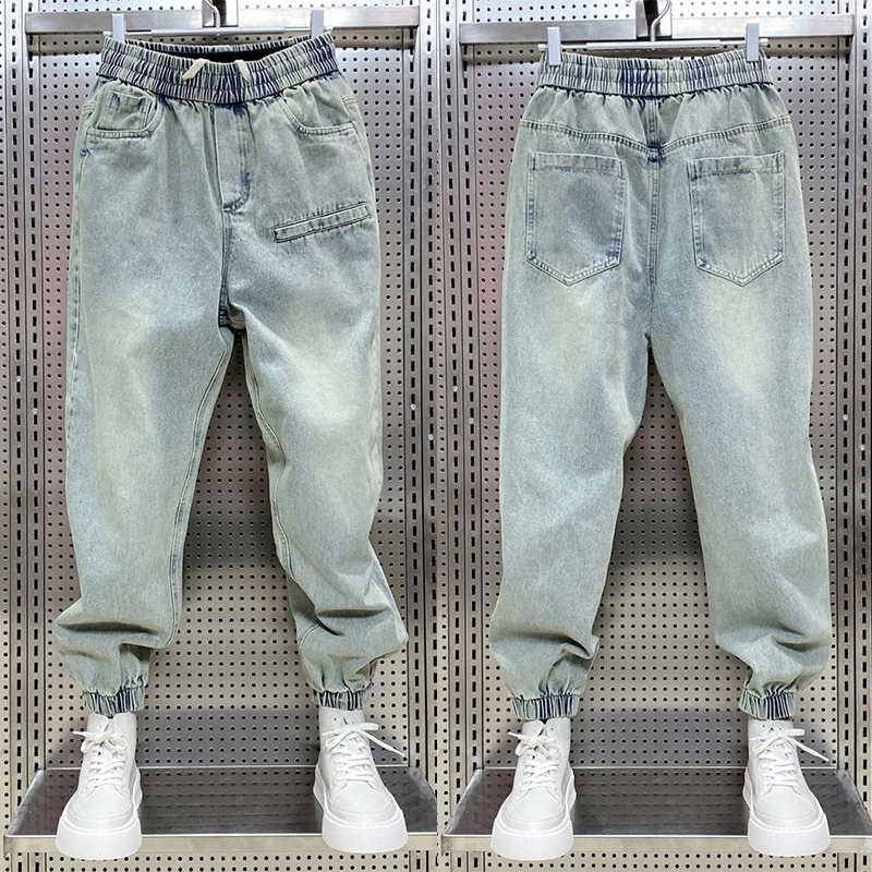 2023秋季新款复古水洗浅蓝色牛仔裤男士宽松国潮束脚休闲哈伦裤潮