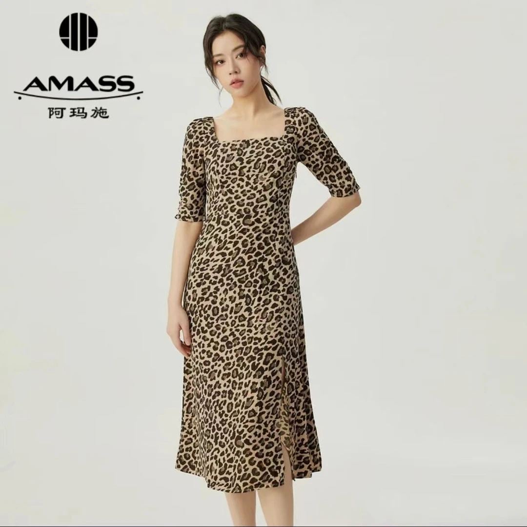 AMASS/阿玛施夏季复古法式显瘦修身赫本时尚豹纹a字连衣裙5500406