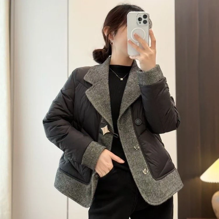 2024年新款冬季加厚时尚洋气百搭宽松气质翻领拼接棉衣外套