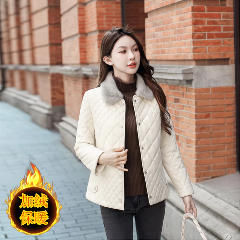 2024冬季新款加绒保暖菱形格棉服女士短款棉袄宽松棉衣女毛领外套