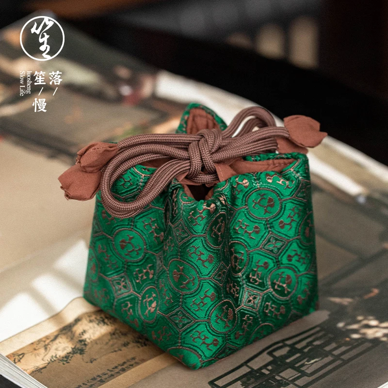 茶具收纳包加厚主人杯盖碗布袋茶壶旅行茶事便携包户外织锦袋绿色