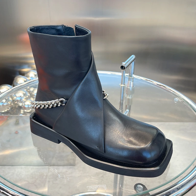 【现货】2024秋冬季新款真皮方头时尚链条英伦风短靴时装靴2882-2