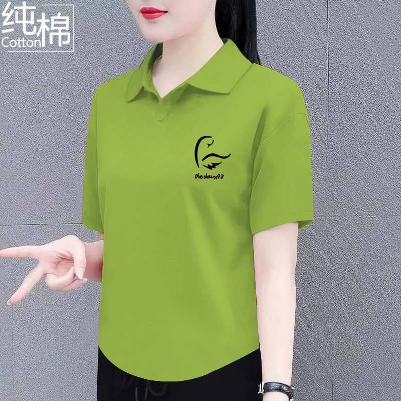 夏季新款高档100%纯棉短袖t恤女时尚polo领百搭显瘦休闲上衣翻领