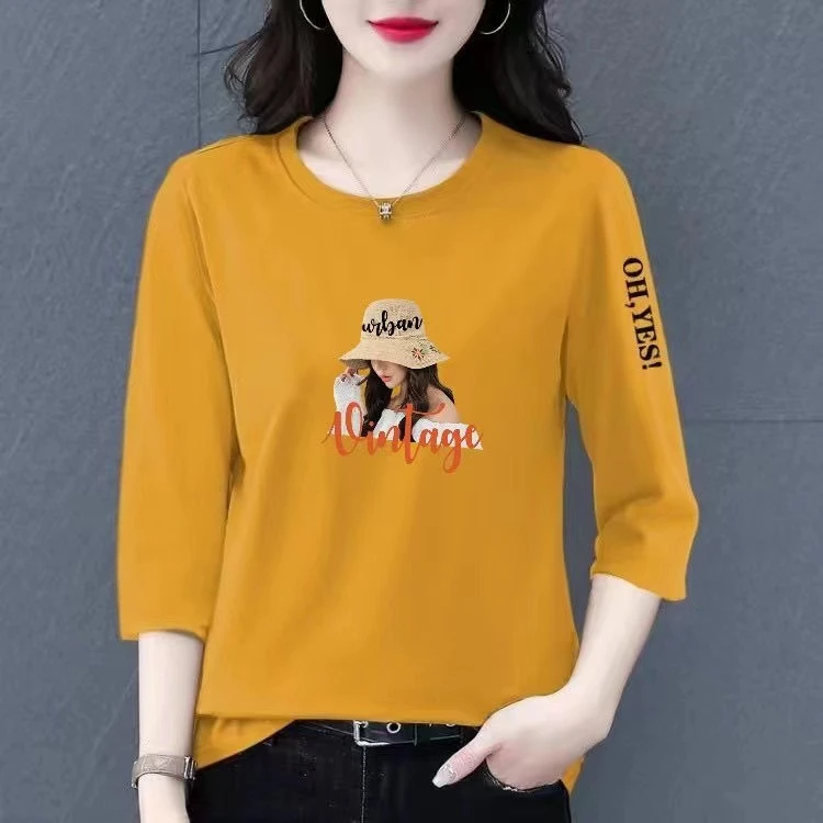 100%纯棉短袖t恤女新款时尚百搭宽松显瘦七分袖