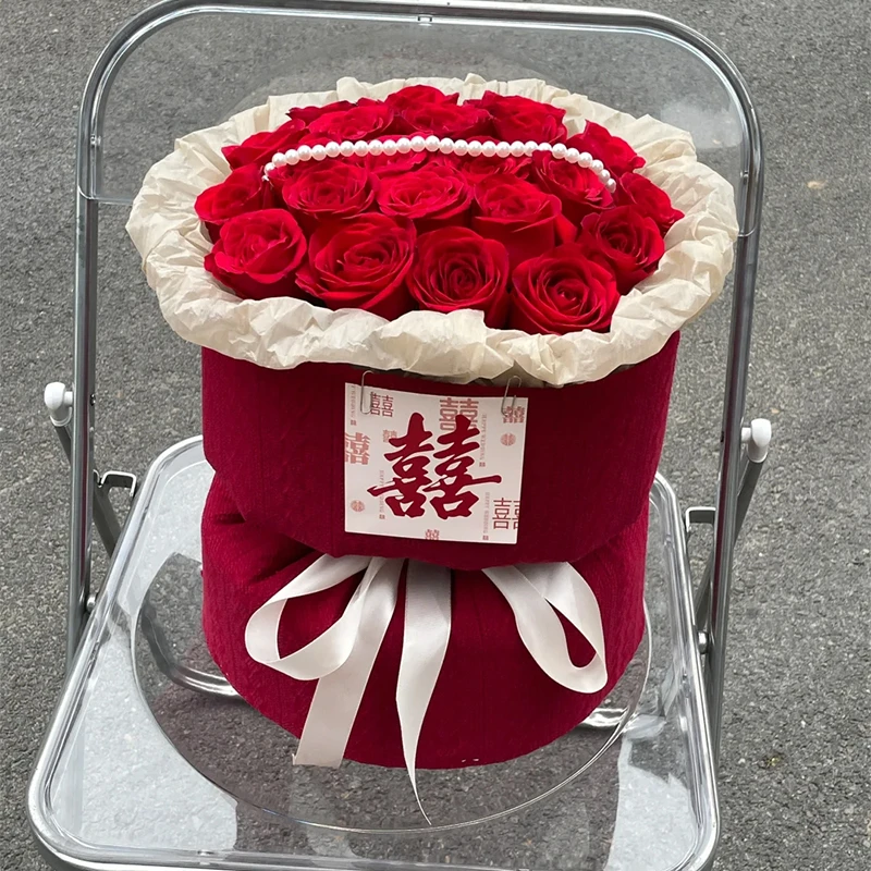 红色订婚手捧花束小香风布针织条纹丝绒布包花布花店用品资材