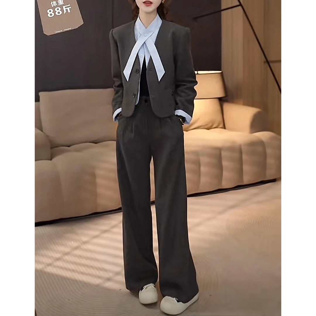 韩系气质长款宽松西装款拼接衬衫外套显瘦阔腿裤两件套女秋冬新款