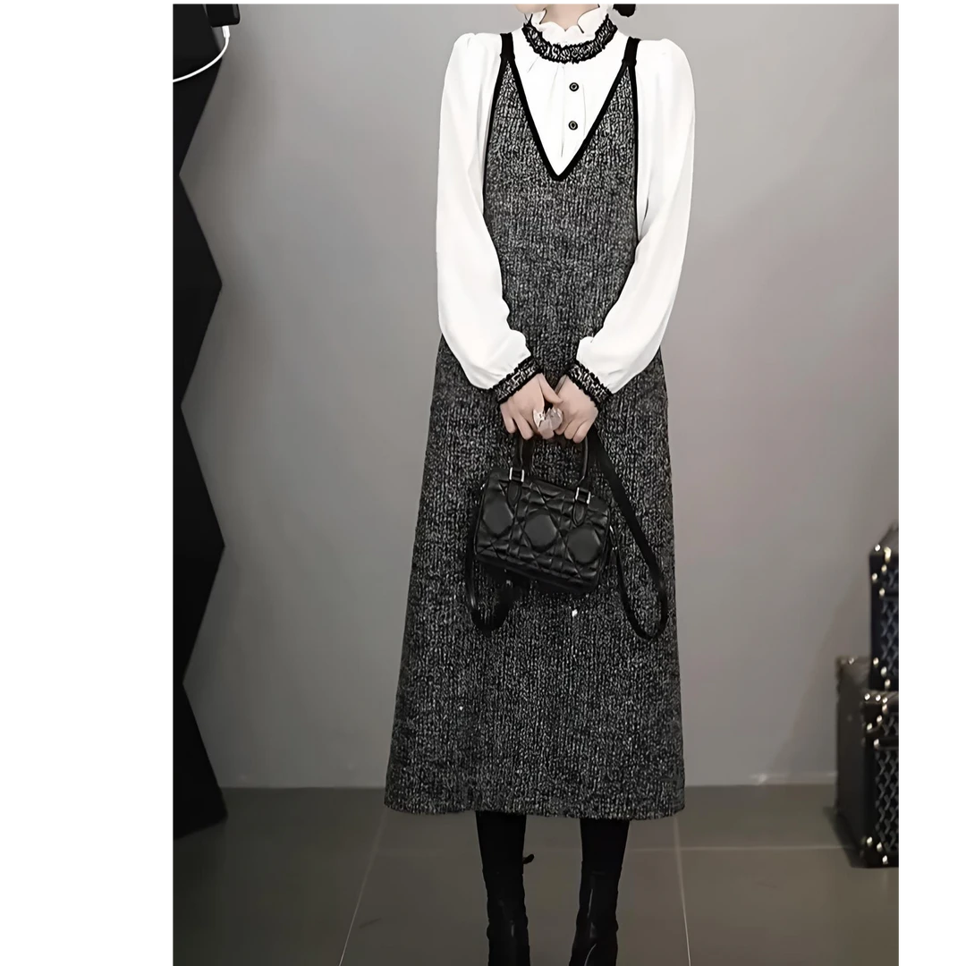 银河星灿 V领法式感叠穿显瘦轻奢背带裙+缩褶木耳边领泡泡袖衬衫