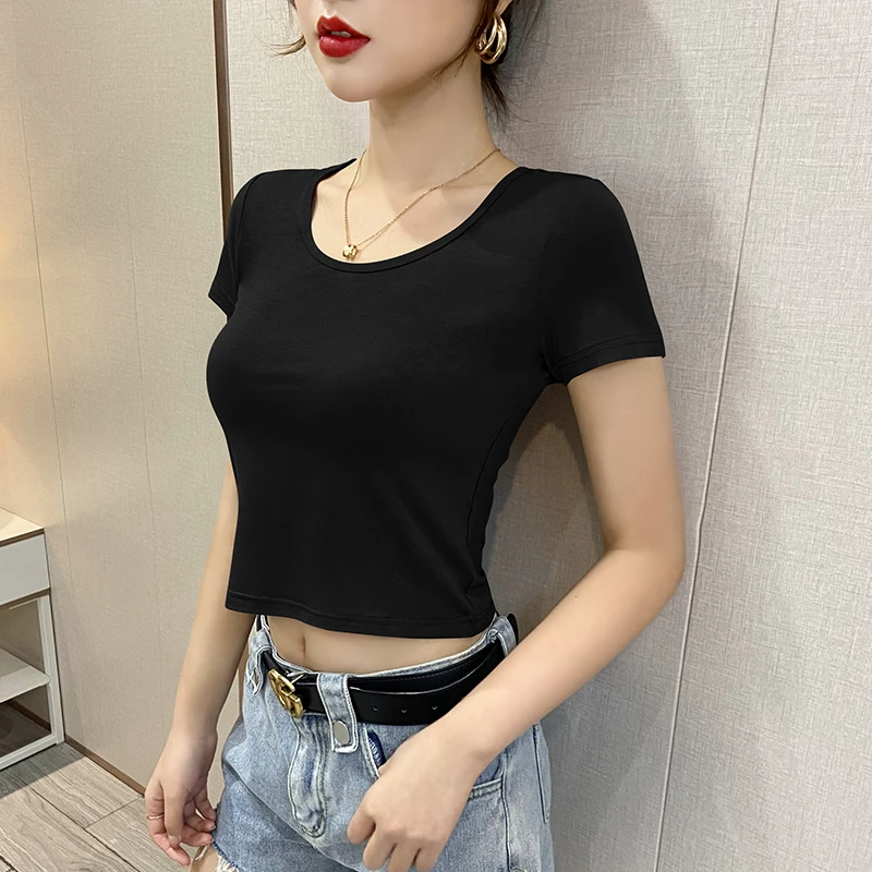 黑色短款上衣女显瘦修身高腰露脐小衫2025年夏季新款短袖t恤女装