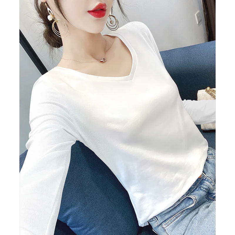 白色长袖T恤女修身V领女高档不起球打底春秋in露锁骨v领打底衫