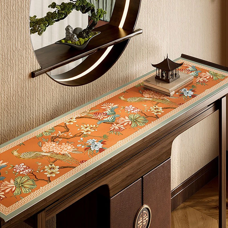 山绣球中式高级感方形皮革玄关桌垫防水防滑可擦免洗电视柜边柜垫