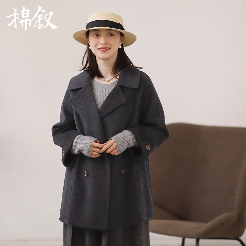 棉叙冬季中长款澳毛大翻领双面呢外套女宽松气质通勤呢大衣24608