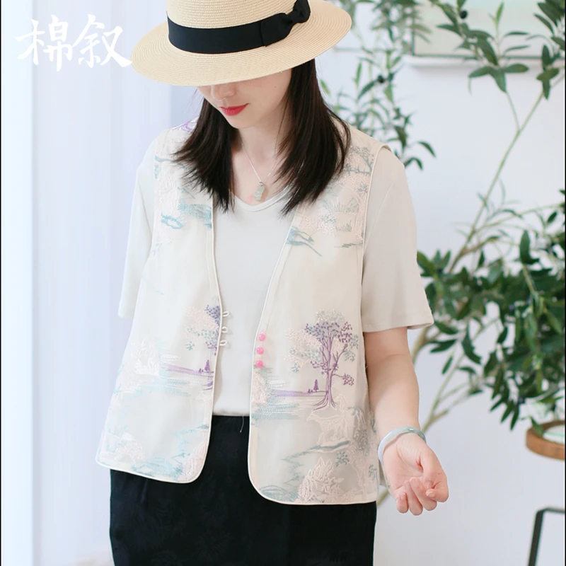 棉叙夏季新中式V领纱织绣花马夹女唐装无袖背心马甲24162