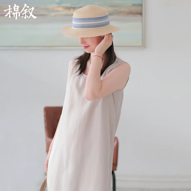 棉叙文艺简约夏季新款休闲无袖女装连衣裙清凉纯色背心裙23176