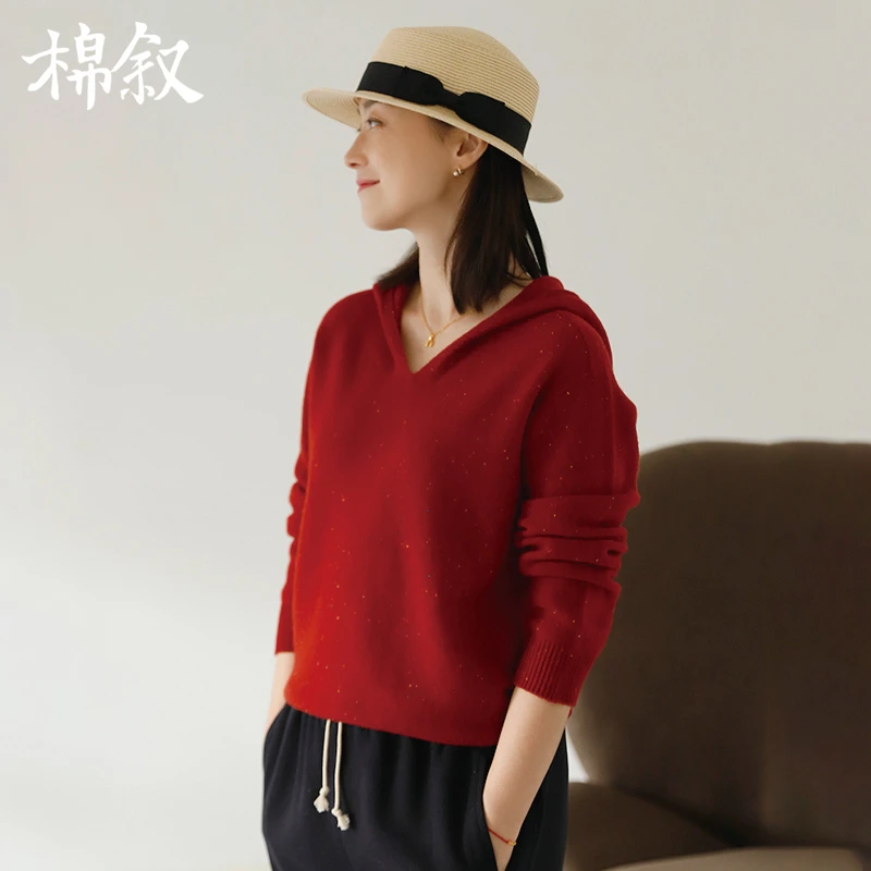 棉叙秋冬文艺复古纯羊毛连帽套头毛衣女休闲百搭V领针织衫24588