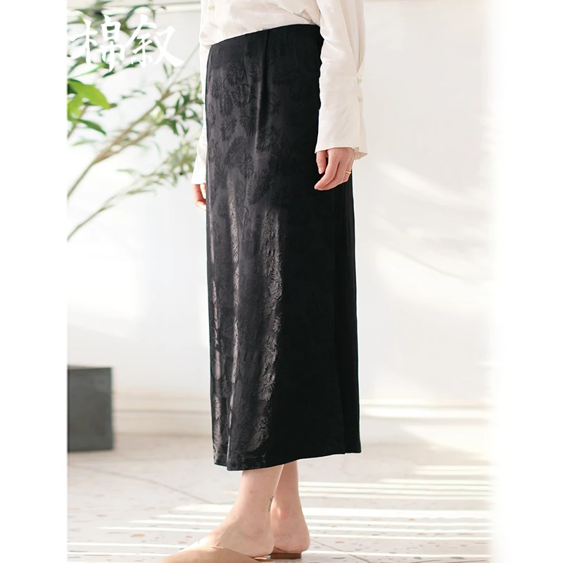 棉叙新款提花半裙女中式高腰裙春中长款开叉半身裙24052