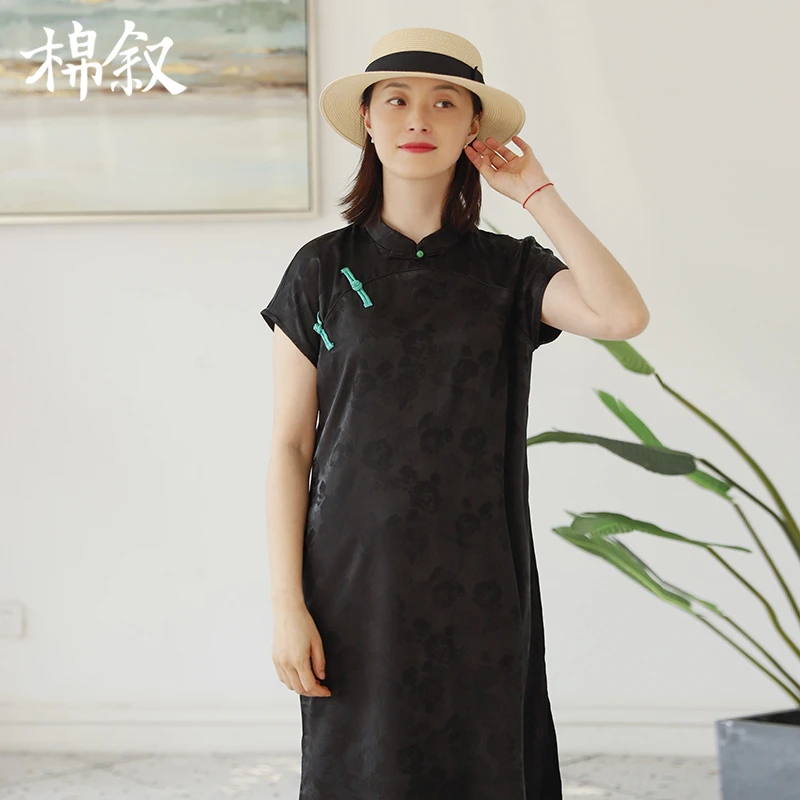 棉叙夏季新品中式黑色提花旗袍裙女士中长款复古国风连衣裙24219