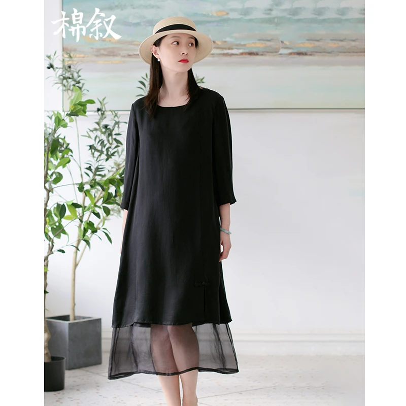 棉叙春夏新品文艺宽松清凉女装连衣裙黑色铜氨丝袍子女24531