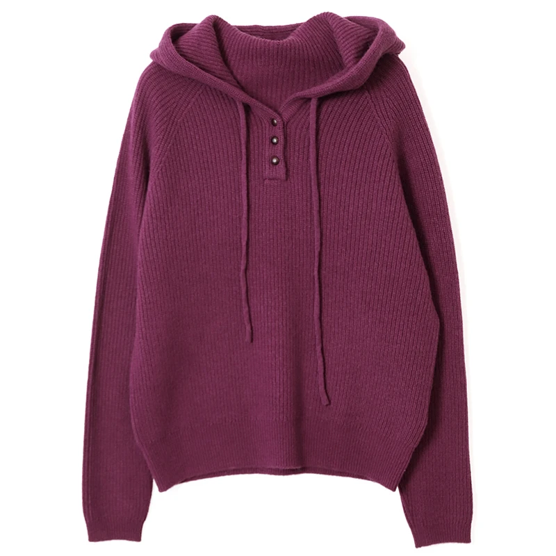 棉叙休闲慵懒宽松针织连帽衫女士全羊毛无缝一体内搭毛衣24650