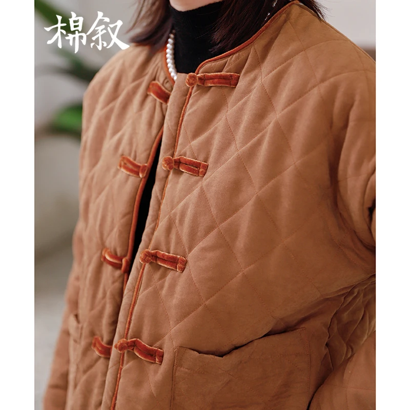 棉叙2024年冬季新桃皮绒改良中式圆领棉衣菱格棉服短外套女24323