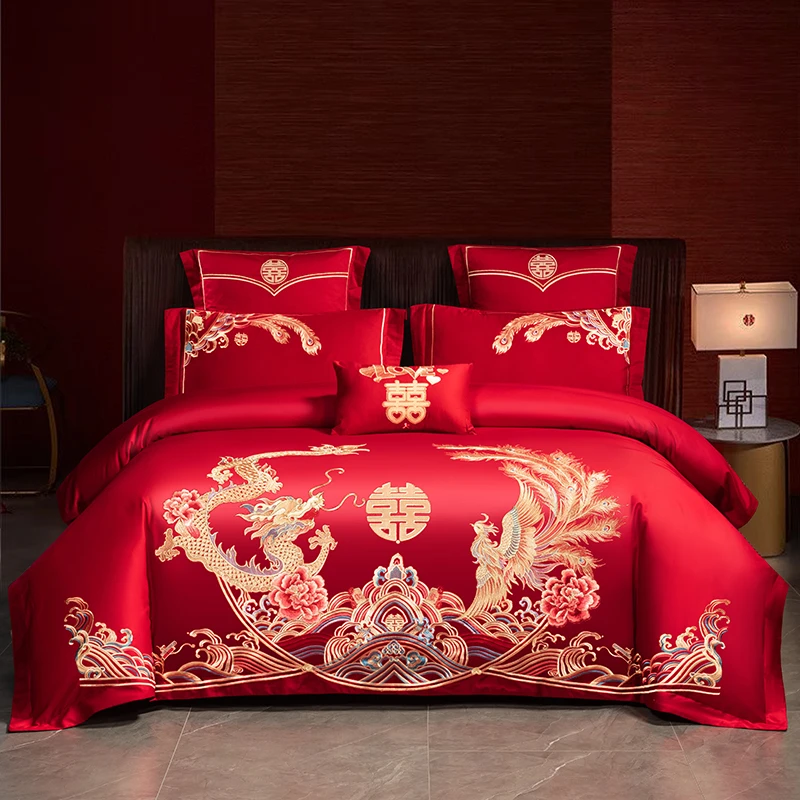 中式龙凤刺绣全棉套件 高端结婚床上用品四件套 高档结婚红色套件