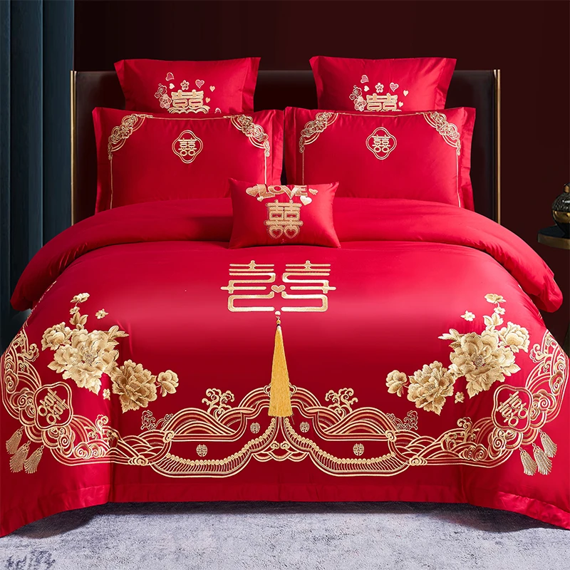 盛世繁华牡丹花开全棉简约刺绣婚庆四件套结婚正红色喜庆高端被套