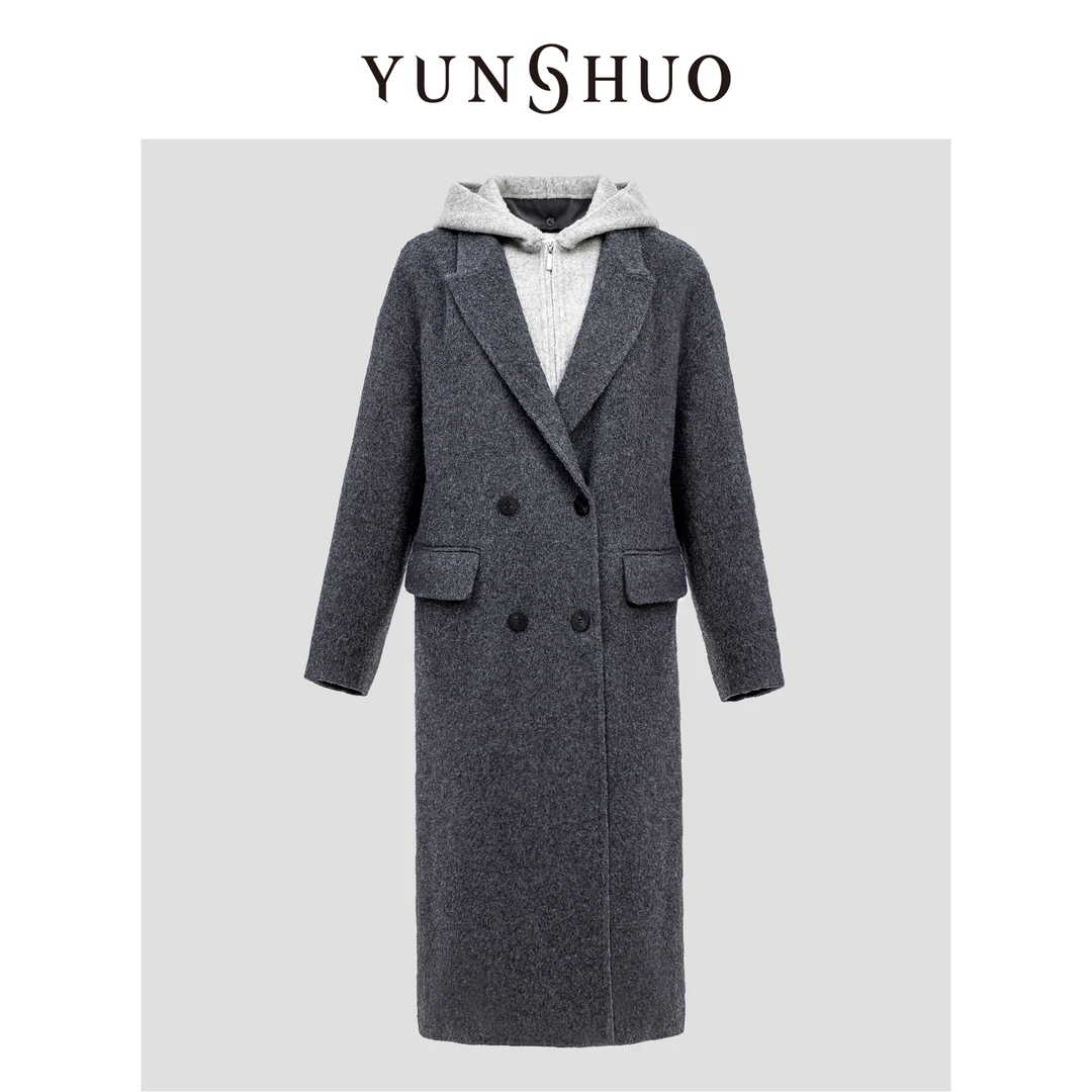 YUNSHUO允硕秋冬新品时尚百搭宽松女连帽气质简约大衣外套499149