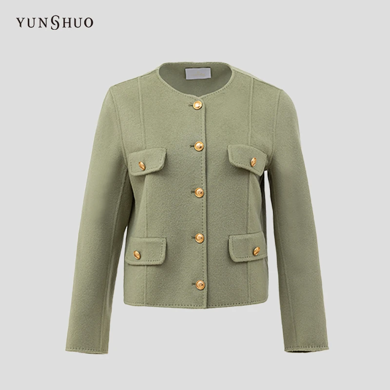 YUNSHUO 气质百搭实穿小V领双面毛呢大衣 495013