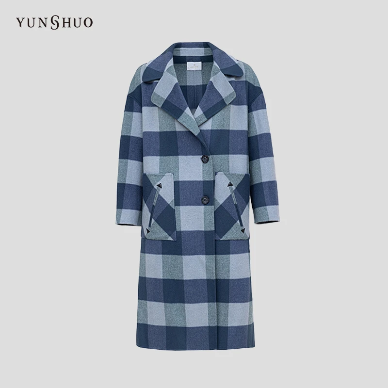 YUNSHUO 秋冬新款蓝色格子大衣女中长款宽松显瘦毛呢外套496098