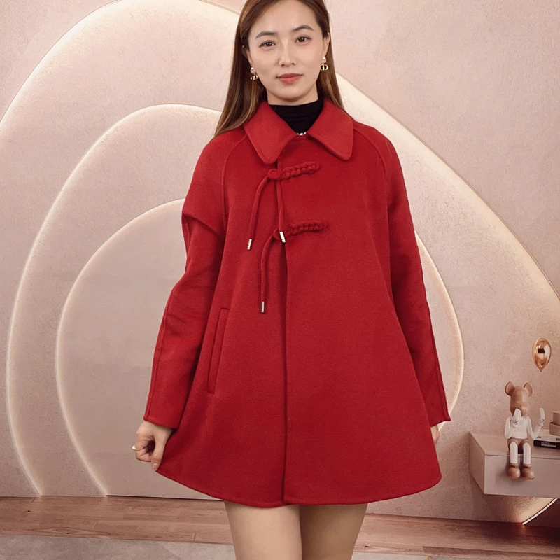 紫色羊毛大衣女2022新款手工缝制气质显瘦遮肉中长款斗篷羊毛外套
