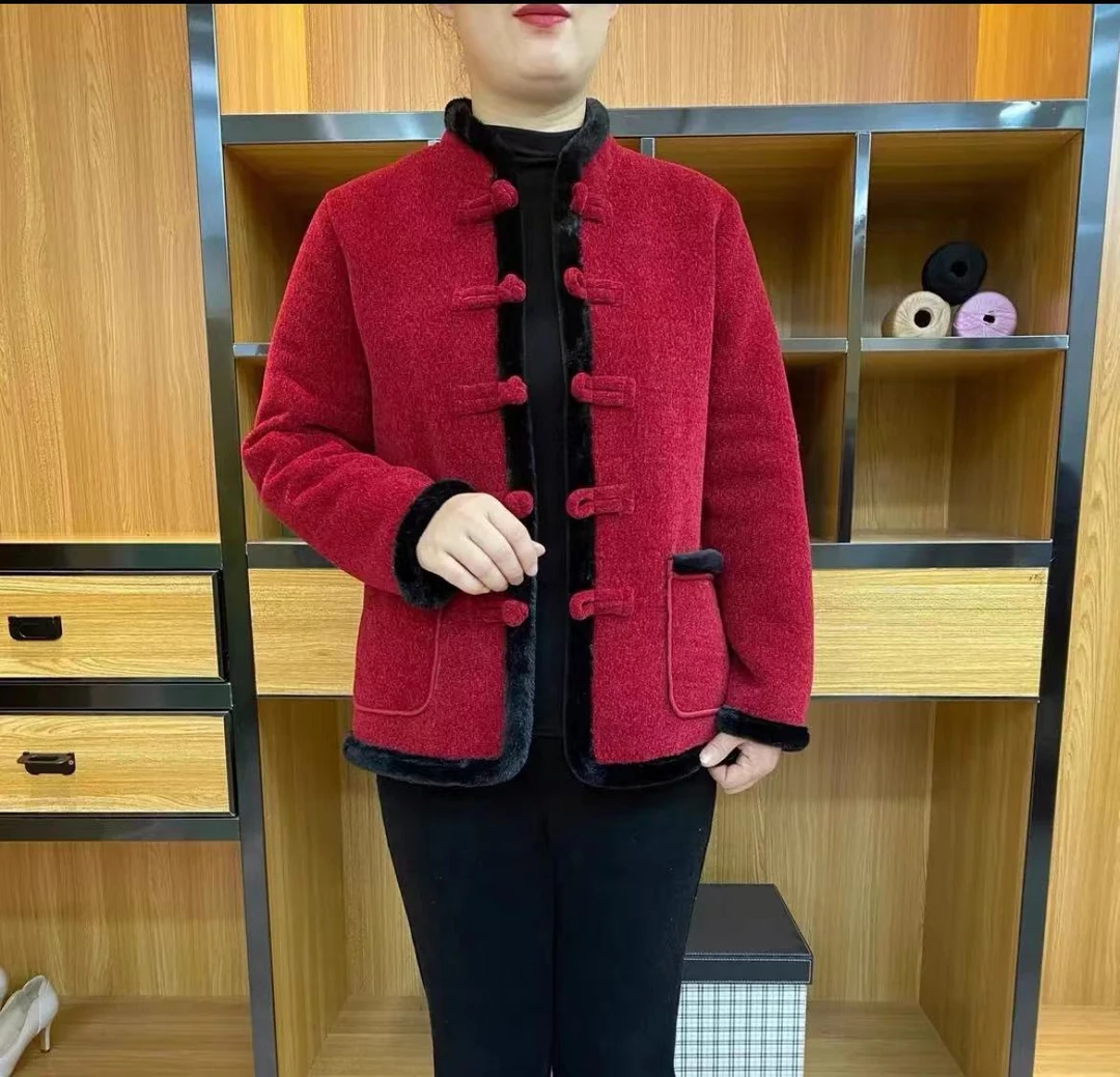 中老年复古纯色外套秋冬新款妈妈装加厚盘扣立领唐装短外套