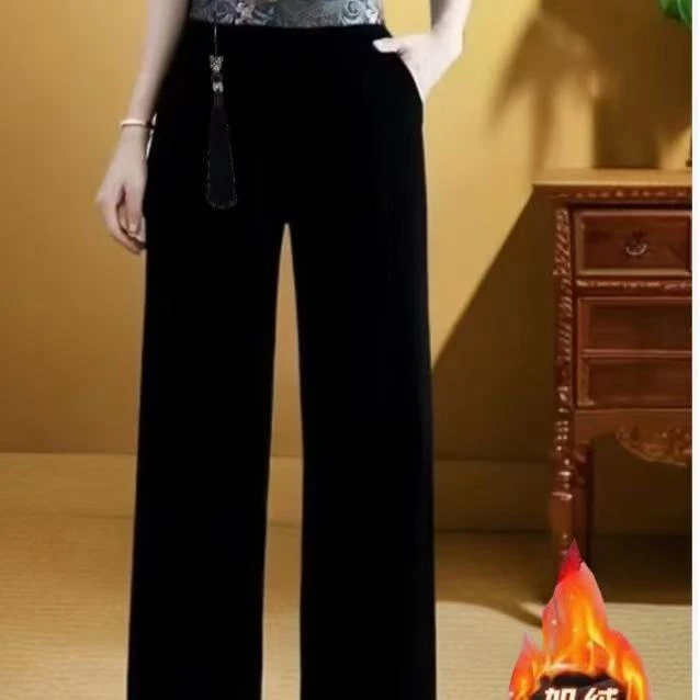 新中式大码金丝绒拼接高腰百搭裤子阔腿裤