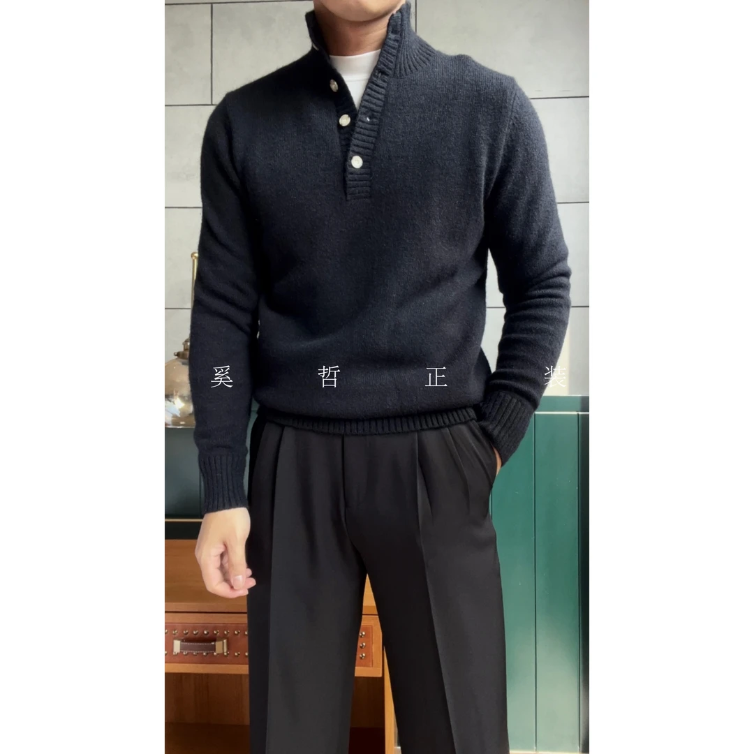 秋冬新款男士休闲纽扣高领套头针织毛衣打底衫955