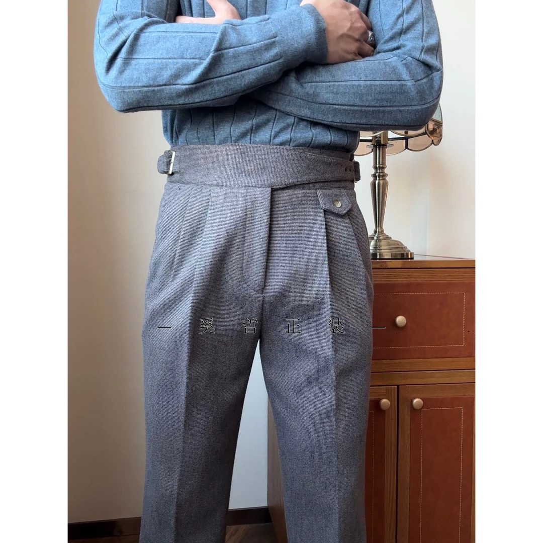 男士秋冬厚款廓尔喀毛呢西裤显高显腿长高腰调节西裤-053