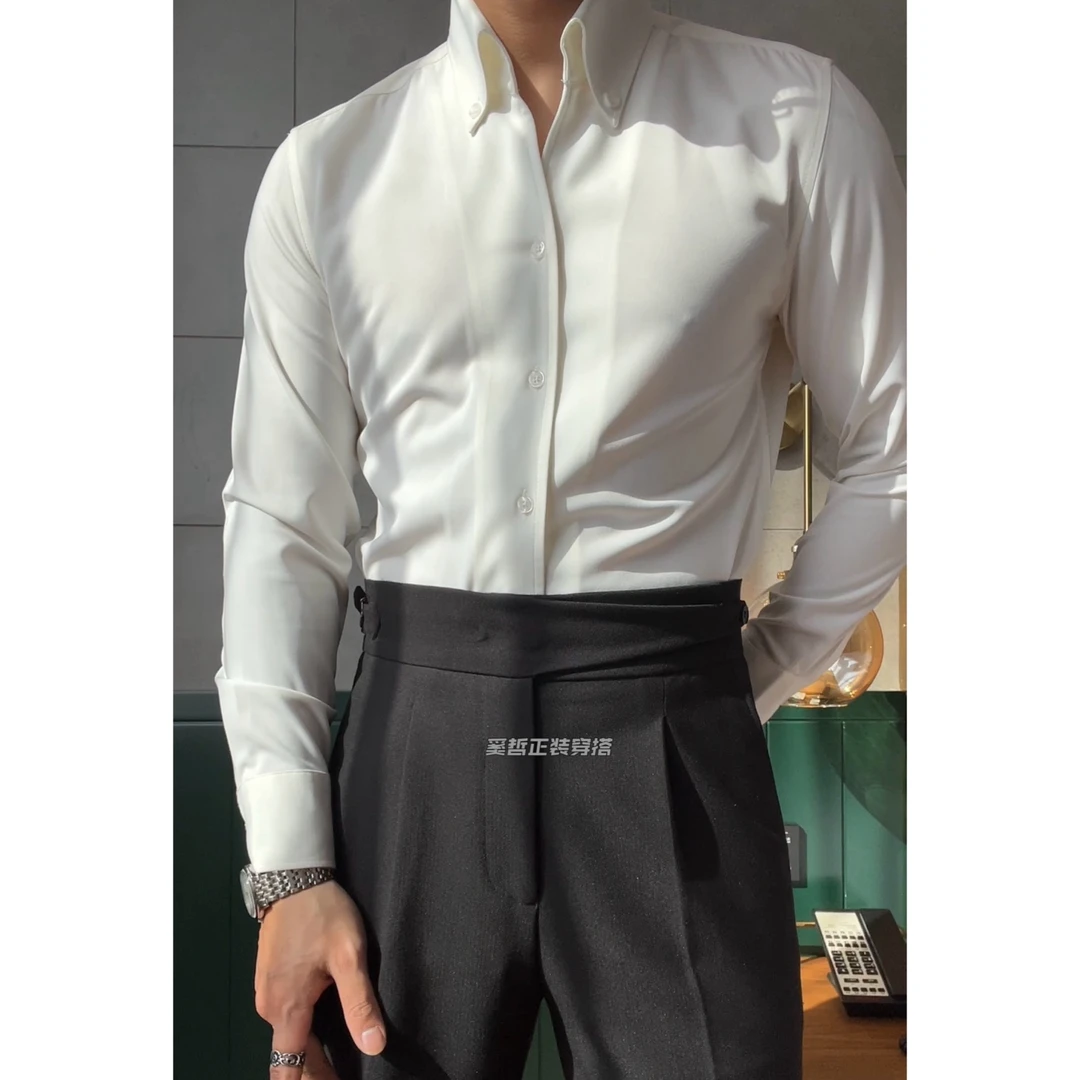 男士修身百搭轻奢正装时尚优雅一片领衬衫潮流帅气长袖