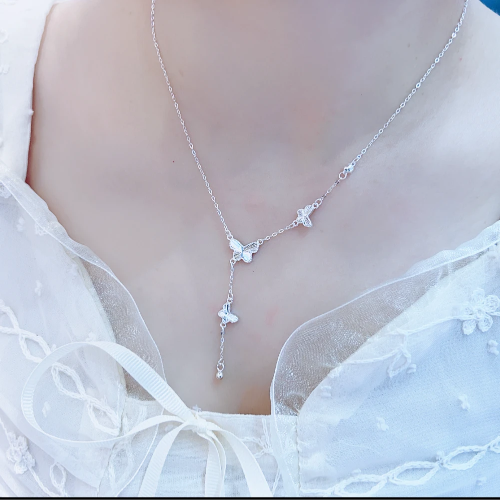 足银银制品 黔大福纯银项链足银三只蝴蝶结项链纯银99气质轻奢款