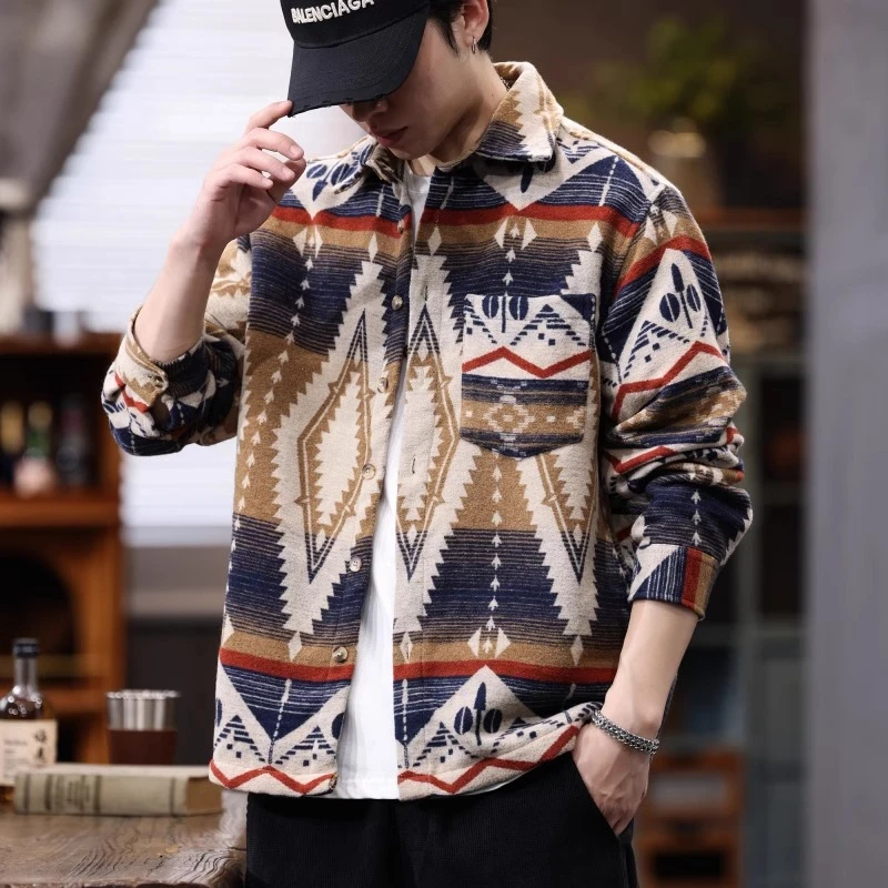 美式印第安风复古做旧加厚宽松长袖衬衣男秋季新款民族风休闲衬衫