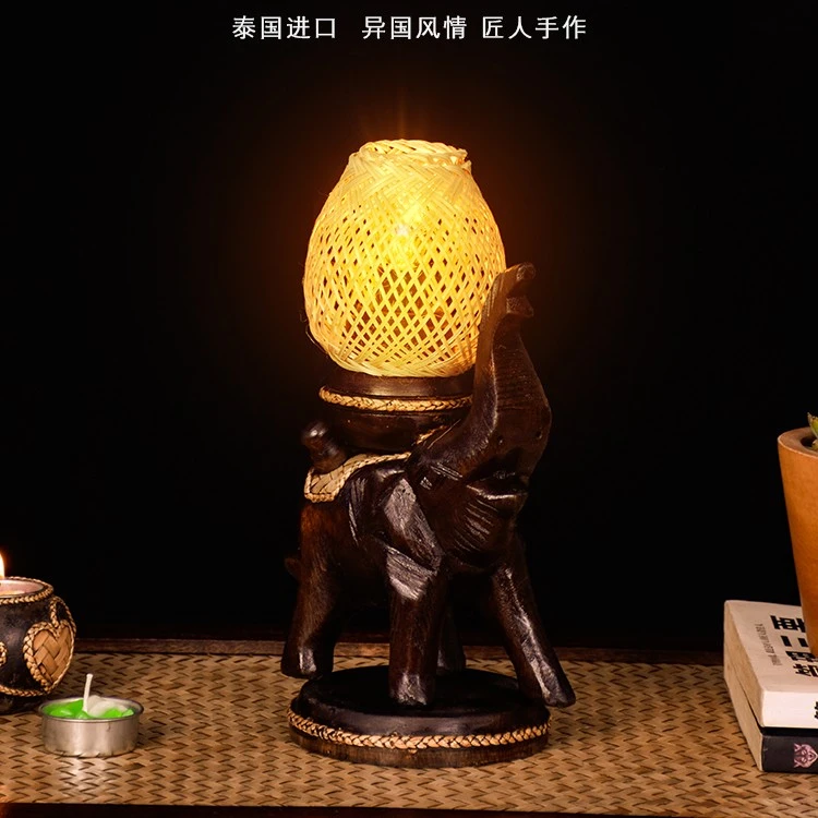 华仔亲荐卧室创意实木小象台灯家用泰国复古手工竹编罩装饰灯摆件
