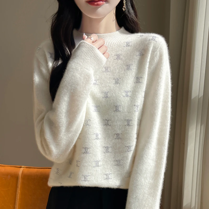 羊绒衫潮牌时尚长袖针织百搭镂空宽松半高领圆领羊毛衫女士秋冬