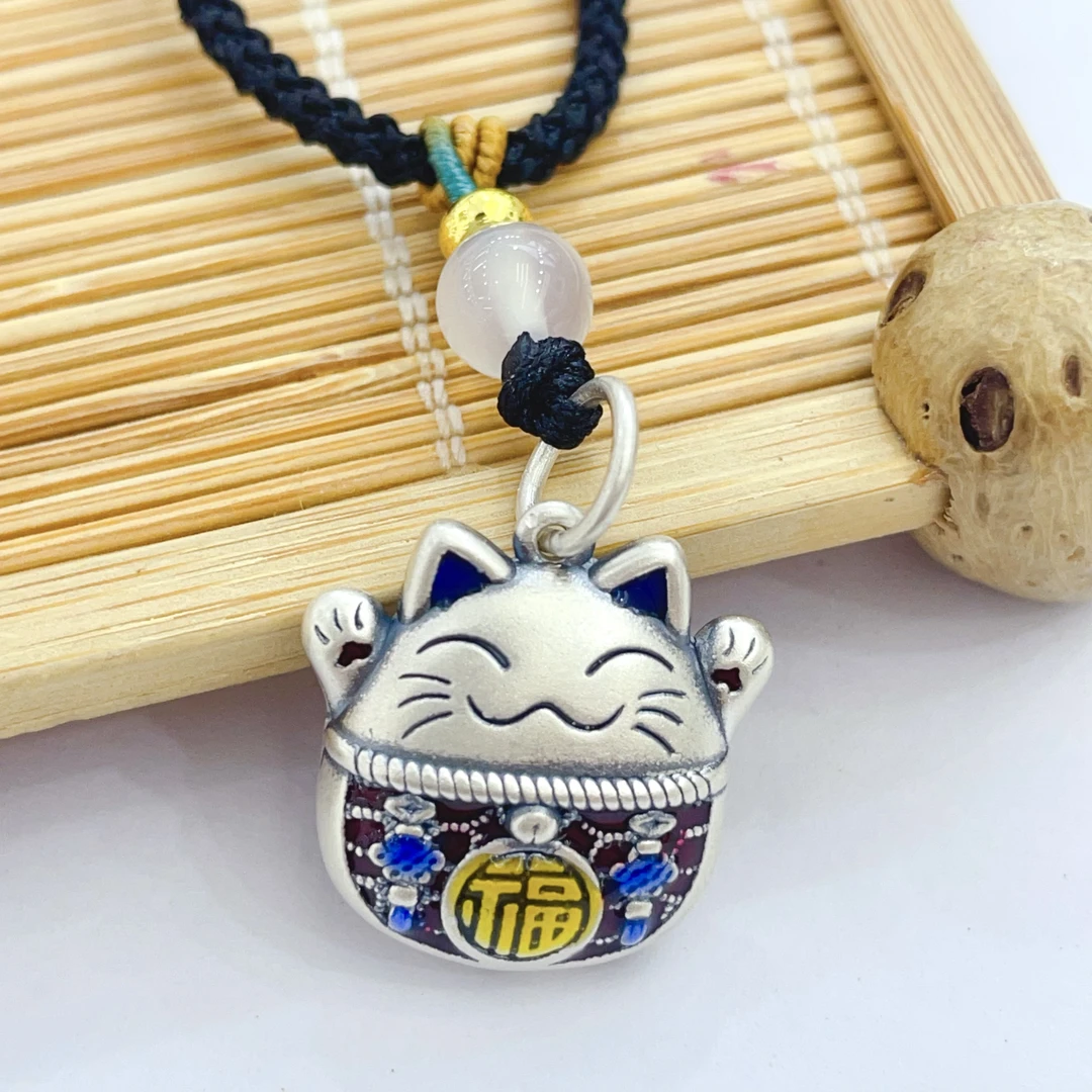 吊坠足银布艺 足银999珐琅彩如意招财猫时尚复古银制品