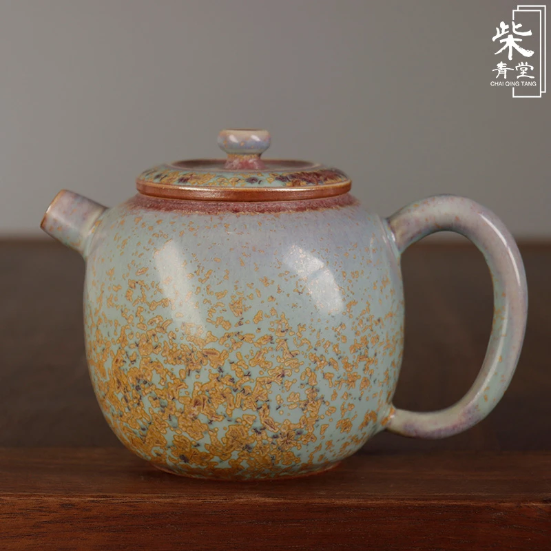 钧窑孔雀石釉窑变中式复古方解石玛瑙入釉蓝色掇球壶茶壶工夫茶具