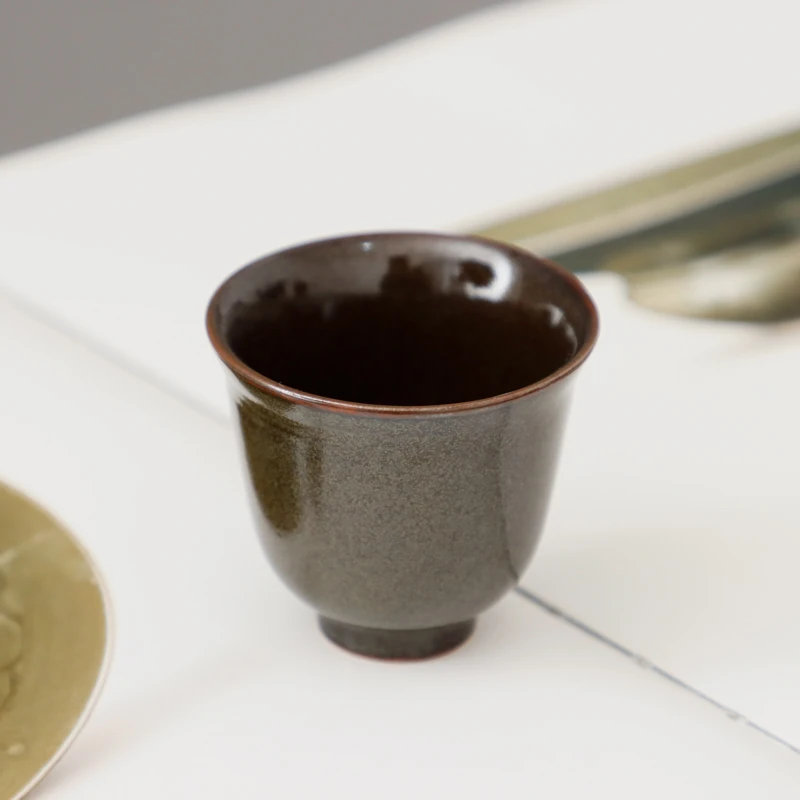 耀州窑仿唐代茶叶末釉青瓷半手工茶具粗陶陶瓷复古茶杯主人杯